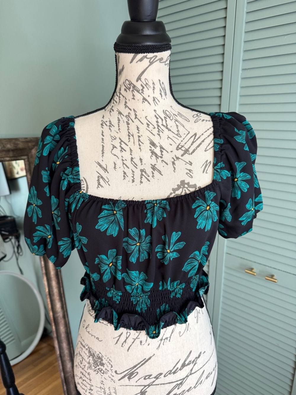 Bar III Black Crop Top with Teal Floral Pattern